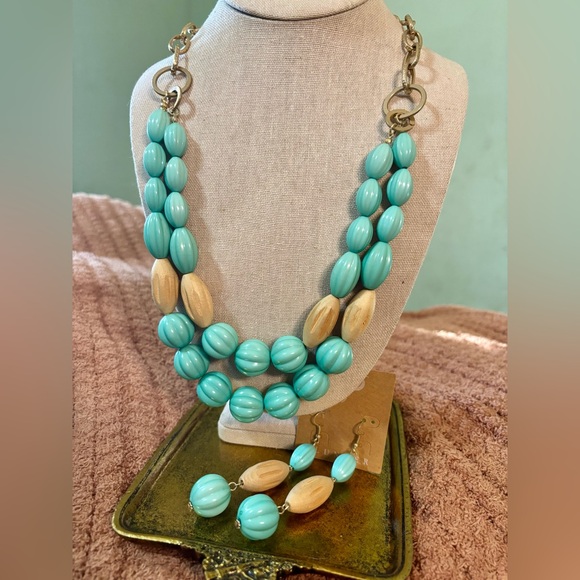 Chunky Link Statement Necklace & Matching Earring Set: Boho Gold + Aqua & Wood - Picture 4 of 11